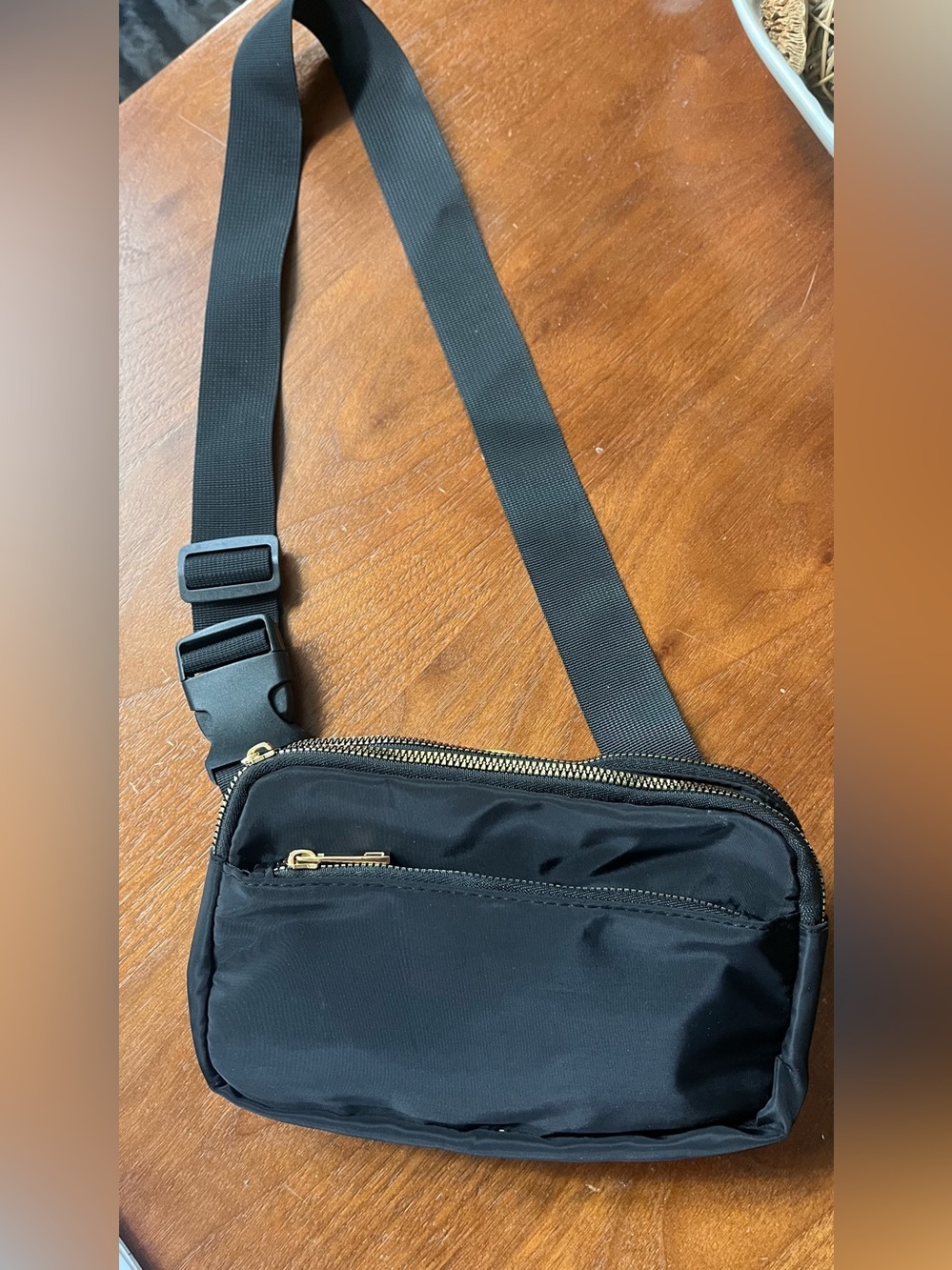 Black Crossbody Fanny Pack with Gold Zippers - Picture 2 of 6